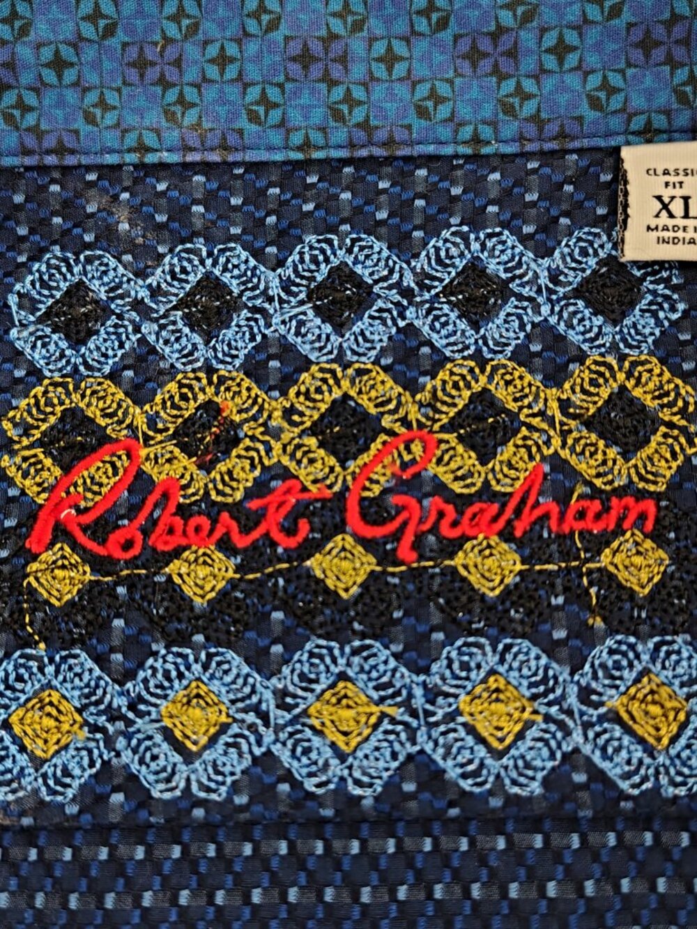 Robert Graham Mens Button Up Shirt Navy Blue Geometric Print Flip Cuffs Size XL - Picture 9 of 11